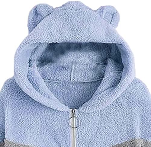 Női Téli Plüss Kapucnis Kabát, Aranyos Fül Színe-Blokkolt Meleg Alkalmi Cipzár Kényelem Felső Laza Outwear Felszerelés Nők