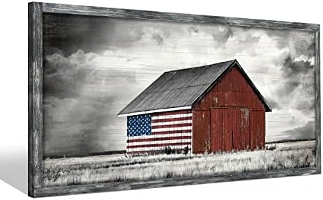 Parasztház Fa Wall Art Kép: Nappali Keretes Rusztikus Régi Pajtában Amerikai Zászló Festmény Decor Hálószoba, Nagy, Fekete,