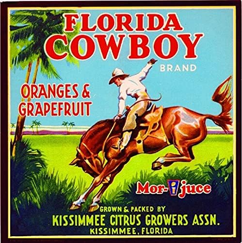 TYmall Vintage Adóazonosító Jel Kissimmee, Florida Cowboy 3 Narancs, Citrusfélék Láda Címke Vintage Art Print Custom Kis