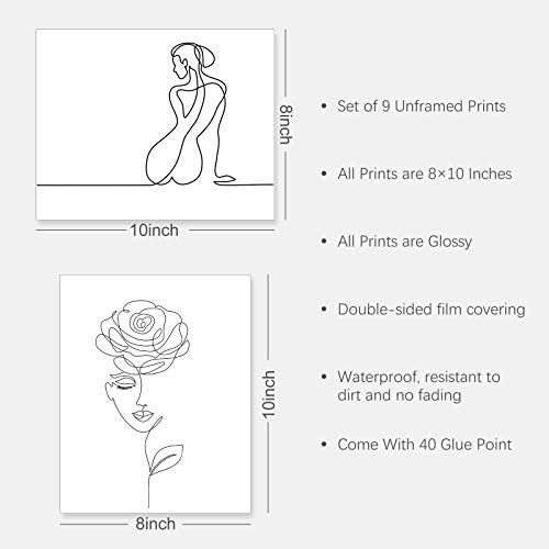 Zonon 9 Db Poszter, Művészi Nyomatok Minimalista Fali keret nélküli Nő Minimális Line Fali Dekor 8 x 10 Inch Absztrakt Nő