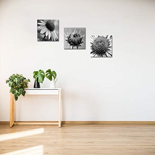 Nachic Fal 3 Darab Fekete-Fehér Virág, Vászon Wall Art Közelről Napraforgó fekete-Fehér Fotó Art Print, Vászon Modern Virágos