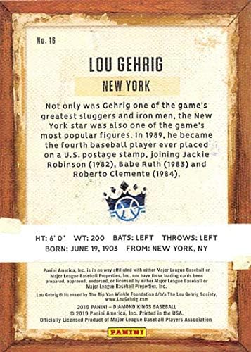 2019 Panini Gyémánt Királyok 16 Lou Gehrig New York Yankees Baseball Trading Card
