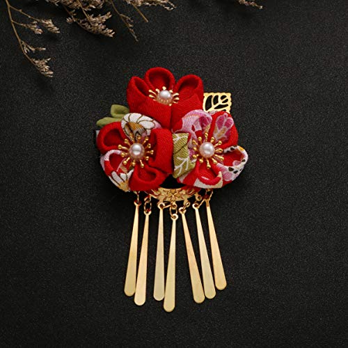 Lurrose Japán Virág hajcsat Kimonó Gyöngy Hajtű Kanzashi Haj Nyakkendő Zenekar Klipet a Nők (Piros) Méret 1